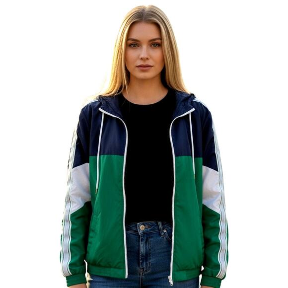 Unisex Windbreaker Color Block🔵🟢 🤍Hoodie Medium Blue Turquoise Flaws - Picture 2 of 14